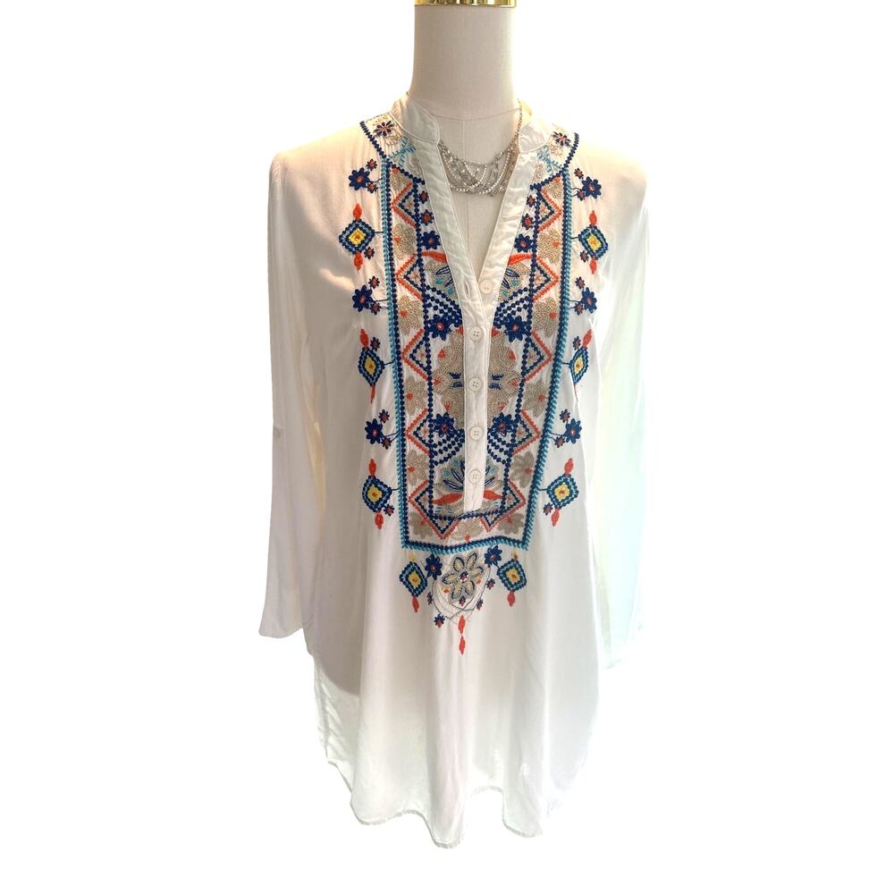 Luna Moon Boho White Embroidered Tunic Top - Small